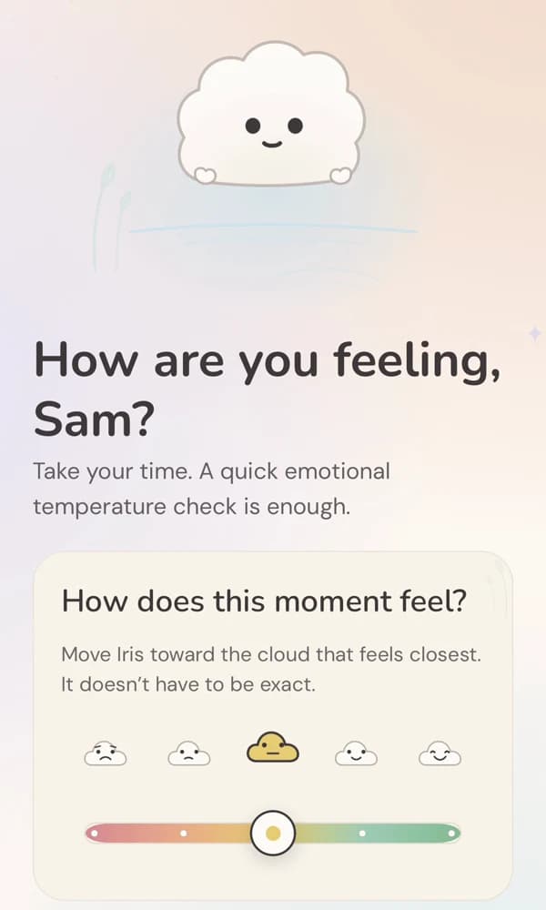 The real Iris check-in: How are you feeling, Sam? A five-position feeling slider lets you choose how this moment feels.